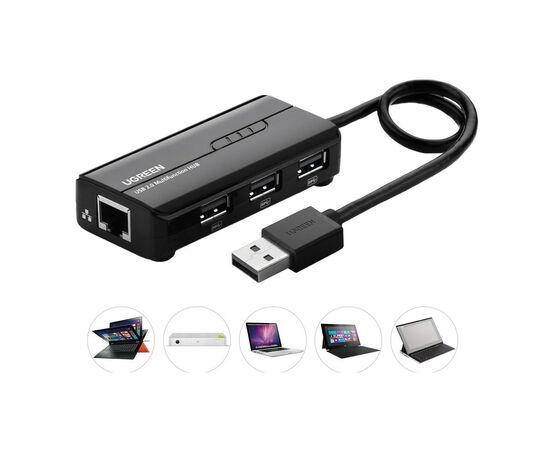 Концентратор Ugreen USB 3.0 Type A to 3xUSB 2.0 + RJ45 1000M Ethernet black (20264), изображение 5 Концентратор Ugreen USB 3.0 Type A to 3xUSB 2.0 + RJ45 1000M Ethernet black (20264), изображение 5