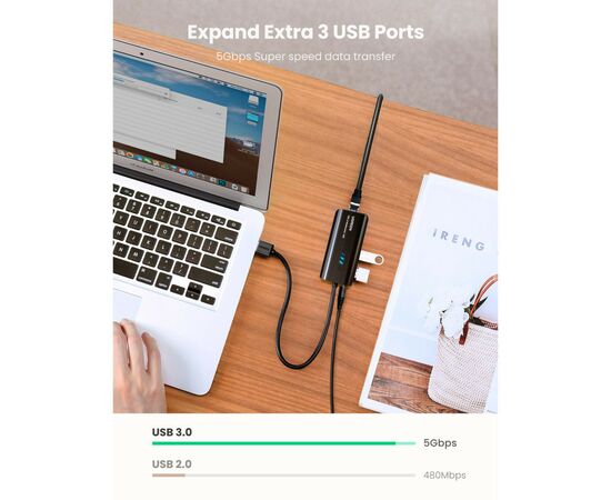 Концентратор Ugreen USB 3.1 Type-A to 3хUSB 3.0 + RJ45 1000M Ethernet black (20265), изображение 2 Концентратор Ugreen USB 3.1 Type-A to 3хUSB 3.0 + RJ45 1000M Ethernet black (20265), изображение 2