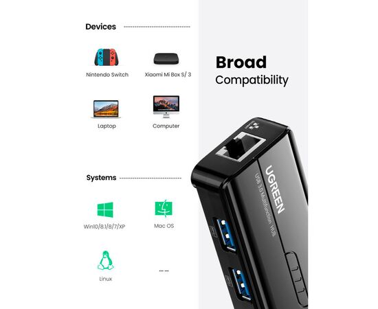 Концентратор Ugreen USB 3.1 Type-A to 3хUSB 3.0 + RJ45 1000M Ethernet black (20265), изображение 4 Концентратор Ugreen USB 3.1 Type-A to 3хUSB 3.0 + RJ45 1000M Ethernet black (20265), изображение 4