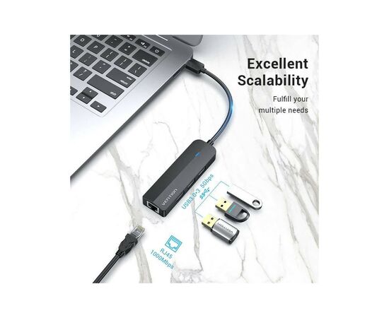 Концентратор Vention USB 3.0 to 3хUSB 3.0/RJ45 Gigabit black (CHNBB), изображение 3 Концентратор Vention USB 3.0 to 3хUSB 3.0/RJ45 Gigabit black (CHNBB), изображение 3