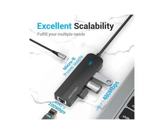 Концентратор Vention USB 3.1 Type-C to 3xUSB 2.0+MicroUSB+RJ45 100M Ethernet black (TGOBB), изображение 3 Концентратор Vention USB 3.1 Type-C to 3xUSB 2.0+MicroUSB+RJ45 100M Ethernet black (TGOBB), изображение 3