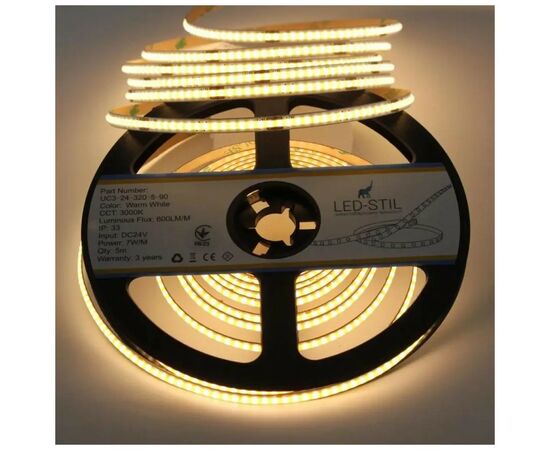 Світлодіодна стрічка LED-STIL 3000K 7 Вт/м COB 320 діодів IP33 24 Вольта 600 lm тепле світло , вузька (UC3-24-320-5-90), зображення 2 Світлодіодна стрічка LED-STIL 3000K 7 Вт/м COB 320 діодів IP33 24 Вольта 600 lm тепле світло , вузька (UC3-24-320-5-90), зображення 2
