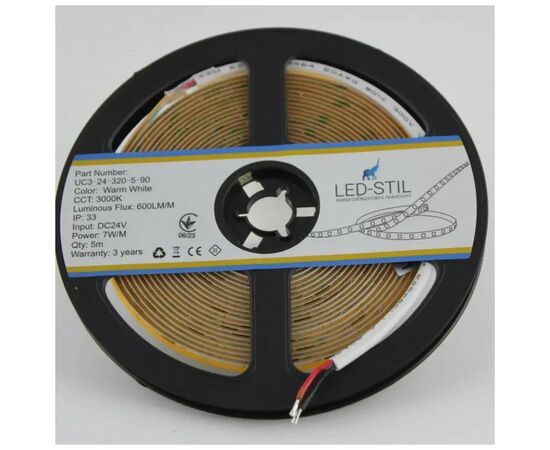 Світлодіодна стрічка LED-STIL 3000K 7 Вт/м COB 320 діодів IP33 24 Вольта 600 lm тепле світло , вузька (UC3-24-320-5-90), зображення 3 Світлодіодна стрічка LED-STIL 3000K 7 Вт/м COB 320 діодів IP33 24 Вольта 600 lm тепле світло , вузька (UC3-24-320-5-90), зображення 3