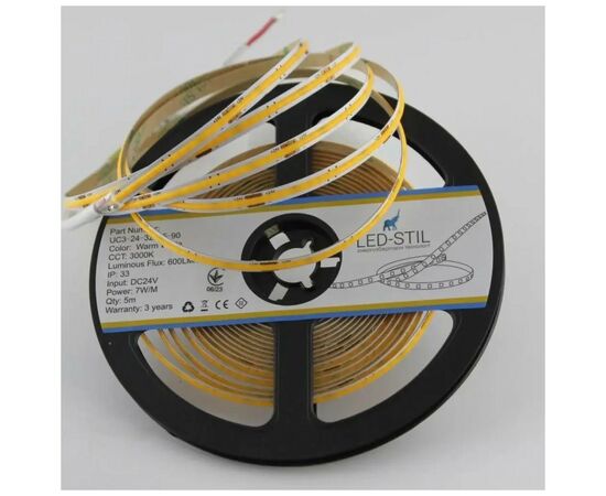 Світлодіодна стрічка LED-STIL 3000K 7 Вт/м COB 320 діодів IP33 24 Вольта 600 lm тепле світло , вузька (UC3-24-320-5-90), зображення 4 Світлодіодна стрічка LED-STIL 3000K 7 Вт/м COB 320 діодів IP33 24 Вольта 600 lm тепле світло , вузька (UC3-24-320-5-90), зображення 4