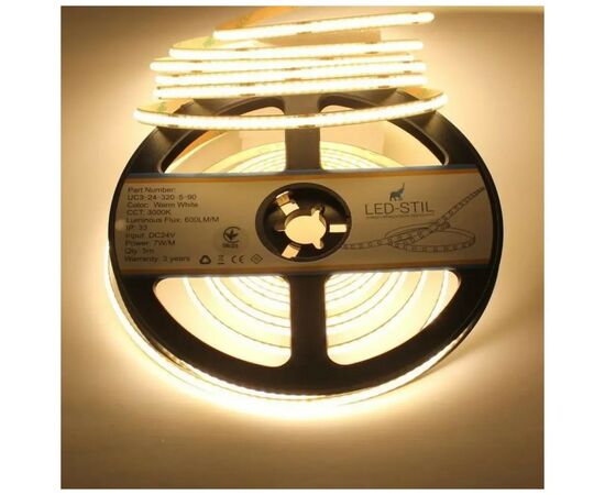 Світлодіодна стрічка LED-STIL 3000K 7 Вт/м COB 320 діодів IP33 24 Вольта 600 lm тепле світло , вузька (UC3-24-320-5-90)