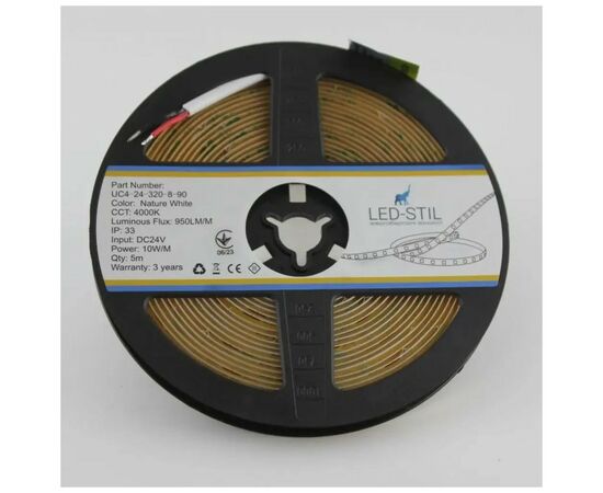 Светодиодная лента LED-STIL 4000K 10 Вт/м COB 320 диодов IP33 24 Вольта 950 lm нейтральный свет (UC4-24-320-8-90), изображение 3 Светодиодная лента LED-STIL 4000K 10 Вт/м COB 320 диодов IP33 24 Вольта 950 lm нейтральный свет (UC4-24-320-8-90), изображение 3