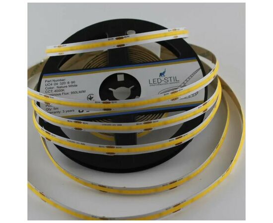Светодиодная лента LED-STIL 4000K 10 Вт/м COB 320 диодов IP33 24 Вольта 950 lm нейтральный свет (UC4-24-320-8-90), изображение 4 Светодиодная лента LED-STIL 4000K 10 Вт/м COB 320 диодов IP33 24 Вольта 950 lm нейтральный свет (UC4-24-320-8-90), изображение 4