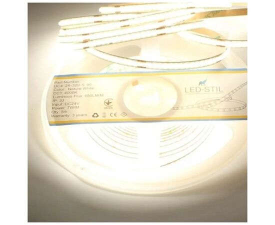 Світлодіодна стрічка LED-STIL 4000K 7 Вт/м COB 320 діодів IP33 24 Вольта 650 lm нейтральне світло, вузька (UC4-24-320-5-90), зображення 2 Світлодіодна стрічка LED-STIL 4000K 7 Вт/м COB 320 діодів IP33 24 Вольта 650 lm нейтральне світло, вузька (UC4-24-320-5-90), зображення 2