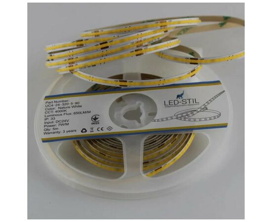 Світлодіодна стрічка LED-STIL 4000K 7 Вт/м COB 320 діодів IP33 24 Вольта 650 lm нейтральне світло, вузька (UC4-24-320-5-90), зображення 3 Світлодіодна стрічка LED-STIL 4000K 7 Вт/м COB 320 діодів IP33 24 Вольта 650 lm нейтральне світло, вузька (UC4-24-320-5-90), зображення 3