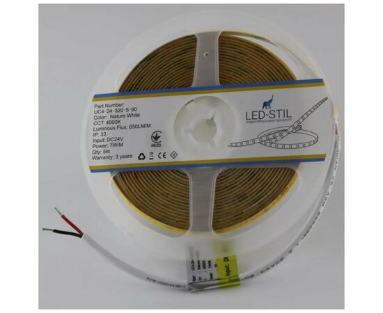 Світлодіодна стрічка LED-STIL 4000K 7 Вт/м COB 320 діодів IP33 24 Вольта 650 lm нейтральне світло, вузька (UC4-24-320-5-90), зображення 4 Світлодіодна стрічка LED-STIL 4000K 7 Вт/м COB 320 діодів IP33 24 Вольта 650 lm нейтральне світло, вузька (UC4-24-320-5-90), зображення 4