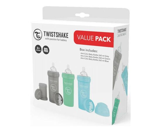 Набір для годування новонароджених Twistshake Value Pack Blue із трьох антиколікових пляшечок 260 мл (78844), зображення 2 Набір для годування новонароджених Twistshake Value Pack Blue із трьох антиколікових пляшечок 260 мл (78844), зображення 2