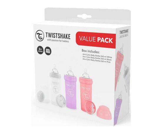 Набор для кормления новорожденных Twistshake Value Pack Pink из трех антиколиковых бутылочек 260 мл (78845), изображение 2 Набор для кормления новорожденных Twistshake Value Pack Pink из трех антиколиковых бутылочек 260 мл (78845), изображение 2
