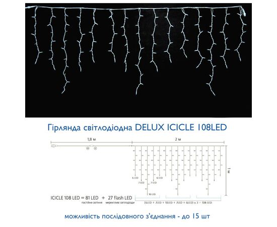 Гирлянда Delux ICICLE flash 108LED 2 х 1 м теплый белый/белый IP44 EN (90012948), изображение 3 Гирлянда Delux ICICLE flash 108LED 2 х 1 м теплый белый/белый IP44 EN (90012948), изображение 3