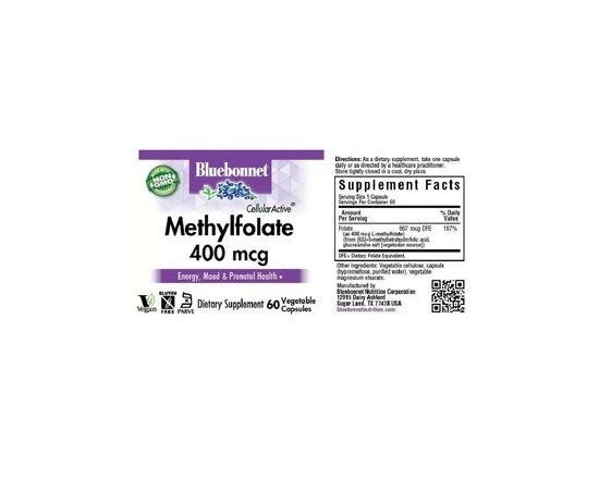 Витамин Bluebonnet Nutrition Метилфолат (B9) 400мкг, Cellular Active, Methylfolate, 60 вегетарианских (BLB0456), изображение 2 Витамин Bluebonnet Nutrition Метилфолат (B9) 400мкг, Cellular Active, Methylfolate, 60 вегетарианских (BLB0456), изображение 2