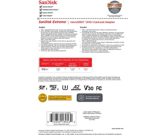 Карта памяти SanDisk 512GB microSD class 10 UHS-I U3 V30 Extreme (SDSQXAV-512G-GN6MA), изображение 6 Карта памяти SanDisk 512GB microSD class 10 UHS-I U3 V30 Extreme (SDSQXAV-512G-GN6MA), изображение 6