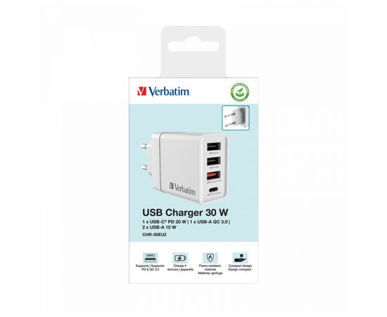 Зарядное устройство Verbatim USB 30W PD3.0 4-ports white (49701), изображение 8 Зарядное устройство Verbatim USB 30W PD3.0 4-ports white (49701), изображение 8