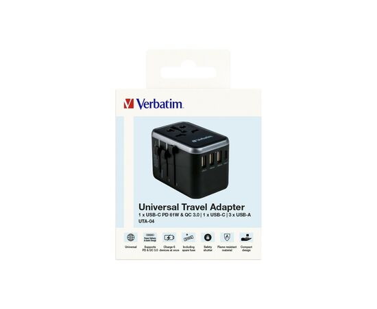 Зарядний пристрій Verbatim UTA-04 PD61W (3xUSB-A/2xUSB-C) (49546), зображення 12 Зарядний пристрій Verbatim UTA-04 PD61W (3xUSB-A/2xUSB-C) (49546), зображення 12