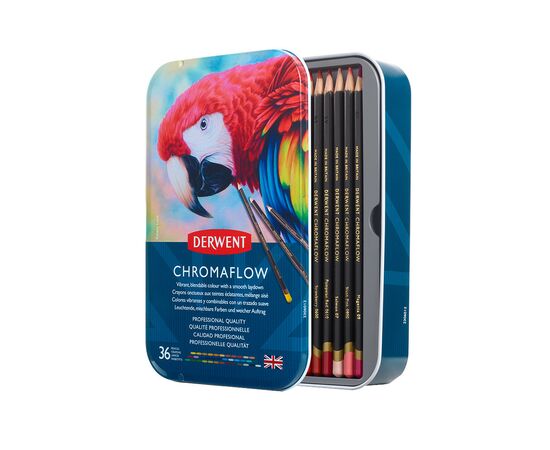 Карандаши цветные Derwent Chromaflow 36 цв. в металлическом пенале (5028252627498), изображение 2 Карандаши цветные Derwent Chromaflow 36 цв. в металлическом пенале (5028252627498), изображение 2