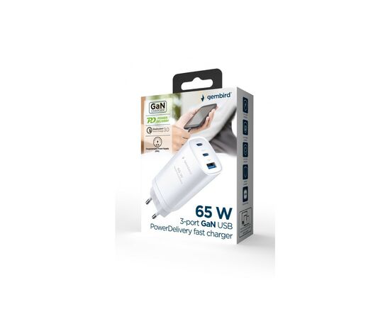 Зарядное устройство Gembird USB-A + 2xType-C (PD18W + QC3.0 27W) white (TA-UC-PDQC65-01-W), изображение 5 Зарядное устройство Gembird USB-A + 2xType-C (PD18W + QC3.0 27W) white (TA-UC-PDQC65-01-W), изображение 5