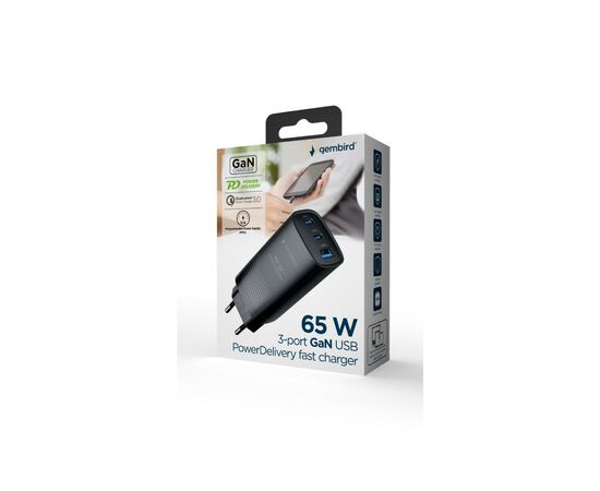 Зарядное устройство Gembird USB-A + 2xType-C (PD18W + QC3.0 27W) black (TA-UC-PDQC65-01-BK), изображение 5 Зарядное устройство Gembird USB-A + 2xType-C (PD18W + QC3.0 27W) black (TA-UC-PDQC65-01-BK), изображение 5