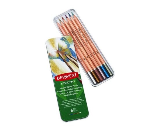 Карандаши цветные Derwent ACADEMY METALLIC, 6 цв. в металлическом пенале (043100982005), изображение 2 Карандаши цветные Derwent ACADEMY METALLIC, 6 цв. в металлическом пенале (043100982005), изображение 2