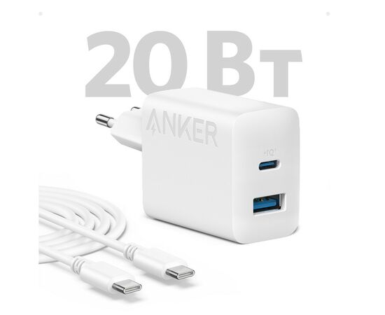 Зарядное устройство Anker PowerPort 312 - 20W USB-C USB-A + USB-C cable White (B2348G21), изображение 2 Зарядное устройство Anker PowerPort 312 - 20W USB-C USB-A + USB-C cable White (B2348G21), изображение 2