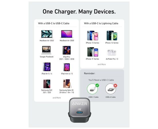 Зарядное устройство Anker PowerPort 511 Nano III - 30W USB-C White (A2147G21), изображение 5 Зарядное устройство Anker PowerPort 511 Nano III - 30W USB-C White (A2147G21), изображение 5