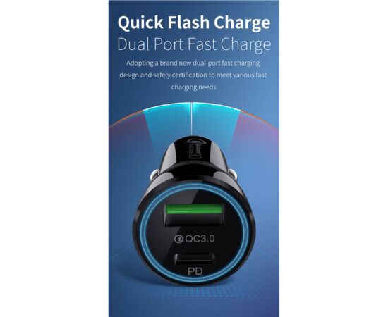 Зарядное устройство T-Phox Rapid T-C08 Car Charger PD20W + QC3.0 18W Black (T-C08 Black), изображение 3 Зарядное устройство T-Phox Rapid T-C08 Car Charger PD20W + QC3.0 18W Black (T-C08 Black), изображение 3