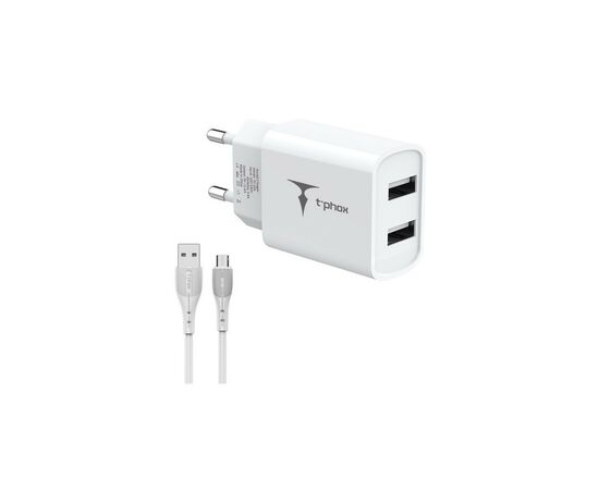 Зарядное устройство T-Phox TCC-224 Pocket Dual USB + MicroUSB cable White (TCC-224 (W)+Micro), изображение 2 Зарядное устройство T-Phox TCC-224 Pocket Dual USB + MicroUSB cable White (TCC-224 (W)+Micro), изображение 2