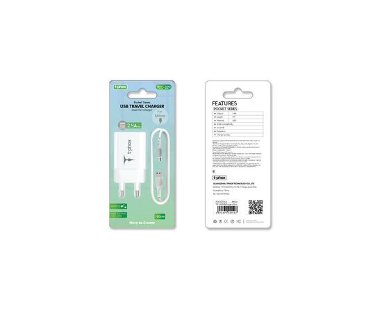 Зарядное устройство T-Phox TCC-224 Pocket Dual USB + MicroUSB cable White (TCC-224 (W)+Micro), изображение 3 Зарядное устройство T-Phox TCC-224 Pocket Dual USB + MicroUSB cable White (TCC-224 (W)+Micro), изображение 3