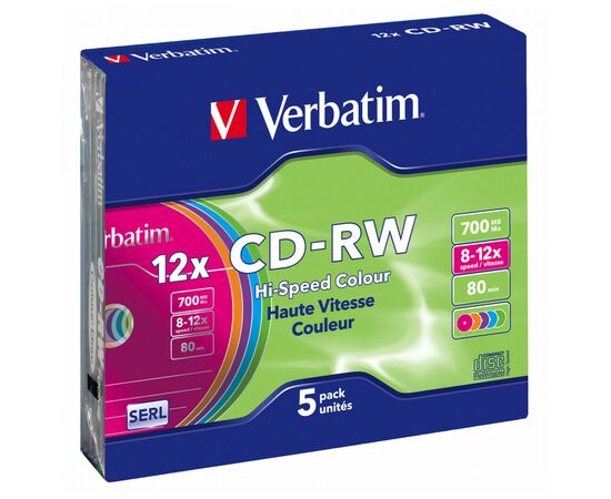 Диск CD Verbatim CD-RW 700Mb 12X SlimBox 5шт Color (43167)