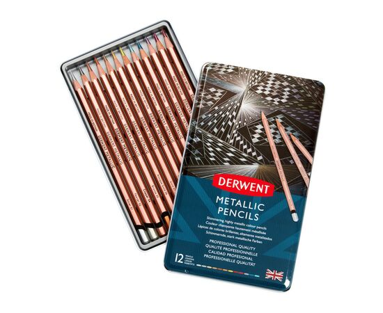 Олівці кольорові Derwent Metallic, 12 кольорів (5028252598590), зображення 3 Олівці кольорові Derwent Metallic, 12 кольорів (5028252598590), зображення 3