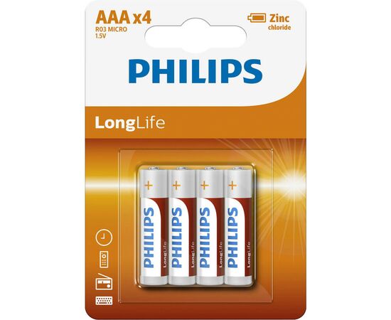 Батарейка Philips AAA R03 LongLife Zinc Carbon * 4 (R03L4B/10), изображение 2 Батарейка Philips AAA R03 LongLife Zinc Carbon * 4 (R03L4B/10), изображение 2