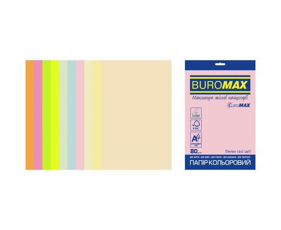 Бумага Buromax А4, 80g, PASTEL+NEON, 10colors, 50sh, EUROMAX (BM.2721750E-99)