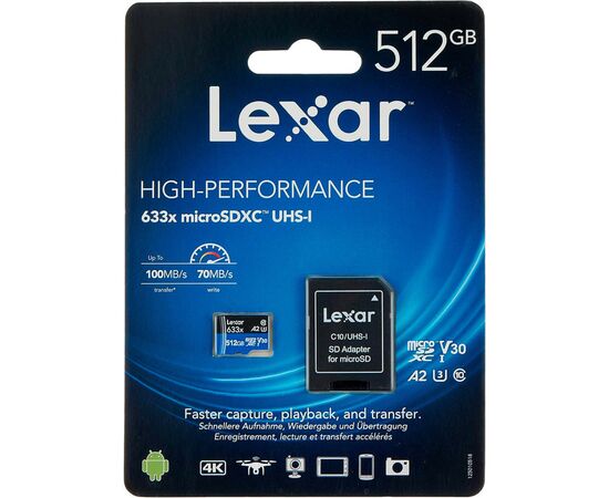 Карта памяти Lexar 512GB microSDXC class 10 UHS-I 633x (LSDMI512BB633A), изображение 3 Карта памяти Lexar 512GB microSDXC class 10 UHS-I 633x (LSDMI512BB633A), изображение 3