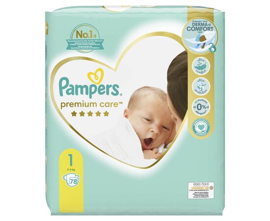 Підгузок Pampers Premium Care Розмір 1 (2-5 кг) 78 шт (8001841104836), зображення 2 Підгузок Pampers Premium Care Розмір 1 (2-5 кг) 78 шт (8001841104836), зображення 2