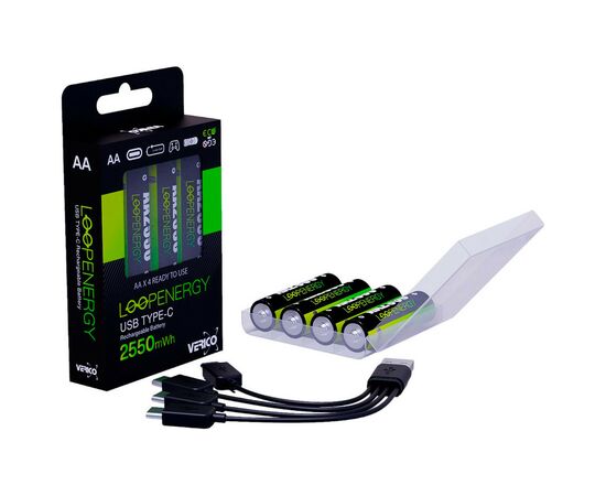 Аккумулятор Verico AA USB Type-C 1700mAh 1.5V Li-ion * 4 (LoopEnergy) (1UDBT-A1WEAC-NN), изображение 3 Аккумулятор Verico AA USB Type-C 1700mAh 1.5V Li-ion * 4 (LoopEnergy) (1UDBT-A1WEAC-NN), изображение 3