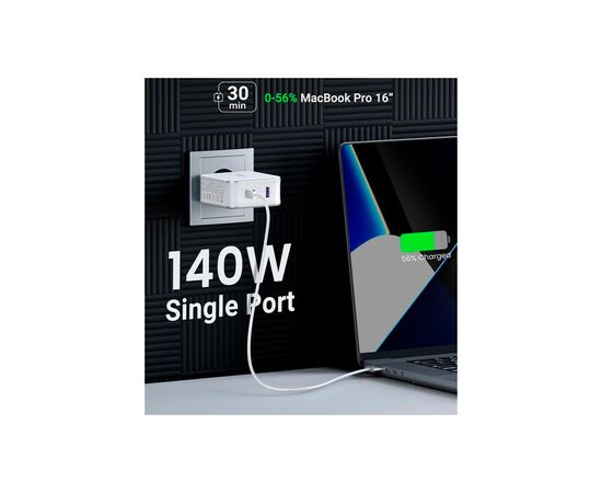 Зарядное устройство Ugreen 3xUSB 140W GaN (2хUSB-C+USB-A) CD289 with C to C Cable 1.5 м White (15339), изображение 3 Зарядное устройство Ugreen 3xUSB 140W GaN (2хUSB-C+USB-A) CD289 with C to C Cable 1.5 м White (15339), изображение 3