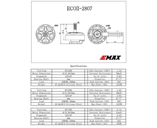 Двигатель для дрона Emax ECO II 2807 1500KV (0101096023), изображение 5 Двигатель для дрона Emax ECO II 2807 1500KV (0101096023), изображение 5