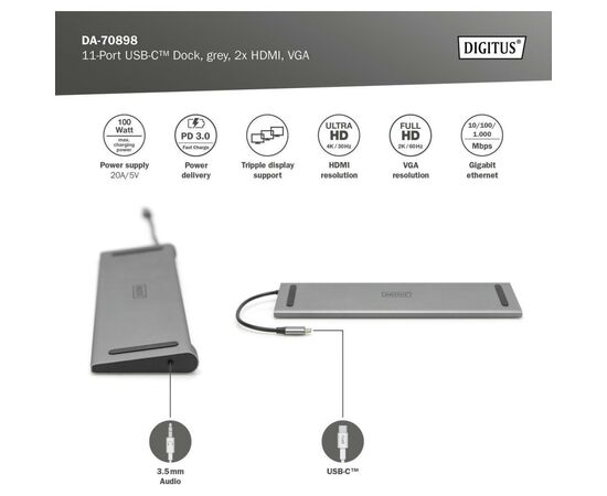 Порт-реплікатор Digitus 11 Port Docking Station, USB-C, 4K (DA-70898), зображення 5 Порт-реплікатор Digitus 11 Port Docking Station, USB-C, 4K (DA-70898), зображення 5