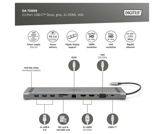 Порт-реплікатор Digitus 11 Port Docking Station, USB-C, 4K (DA-70898), зображення 7 Порт-реплікатор Digitus 11 Port Docking Station, USB-C, 4K (DA-70898), зображення 7
