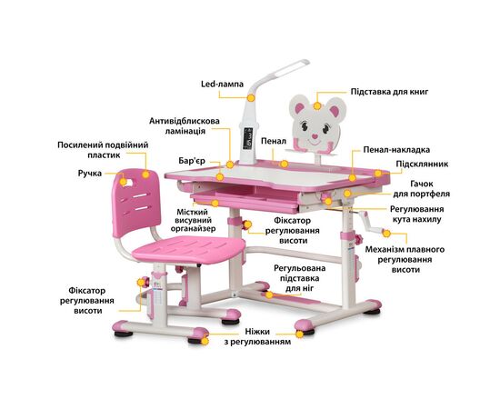 Парта со стулом Evo-kids BD-04 P XL Teddy с лампой, изображение 2 Парта со стулом Evo-kids BD-04 P XL Teddy с лампой, изображение 2