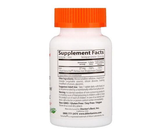 Мінерали Doctor's Best ¶Хелатне залізо, High Absorption Iron, 27 мг, 120 таблеток (DRB-00459), зображення 2 Мінерали Doctor's Best ¶Хелатне залізо, High Absorption Iron, 27 мг, 120 таблеток (DRB-00459), зображення 2