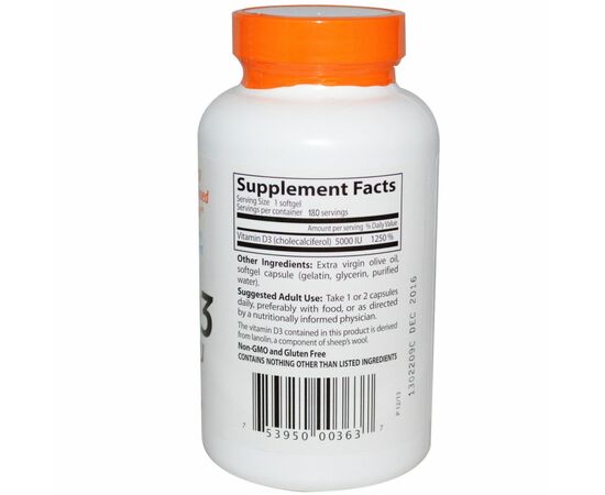 Витамин Doctor's Best Витамин D3 5000IU, 180 желатиновых капсул (DRB-00218), изображение 2 Витамин Doctor's Best Витамин D3 5000IU, 180 желатиновых капсул (DRB-00218), изображение 2