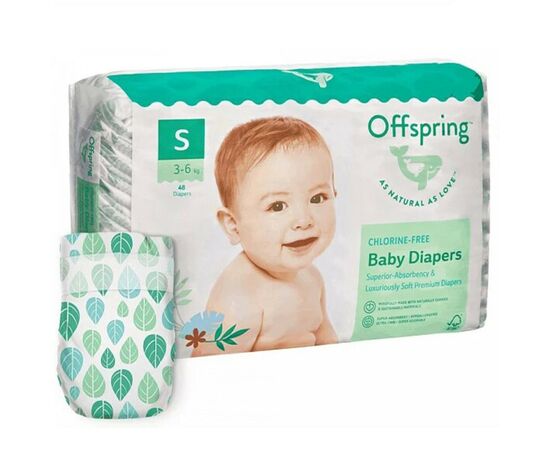 Подгузники Offspring Размер S (3-6 кг) 48 шт, Листочки (9355465009992) (DP-OI-FAT-S48P-LEA)