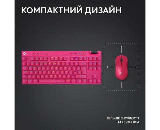 Клавиатура Logitech G PRO X TKL Lightspeed Tactile USB UA Magenta (920-012159), изображение 8 Клавиатура Logitech G PRO X TKL Lightspeed Tactile USB UA Magenta (920-012159), изображение 8