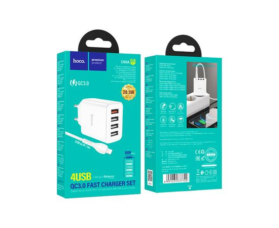 Зарядное устройство HOCO C102A Fuerza QC3.0 four-port charger set(iP) White (6931474777720), изображение 6 Зарядное устройство HOCO C102A Fuerza QC3.0 four-port charger set(iP) White (6931474777720), изображение 6