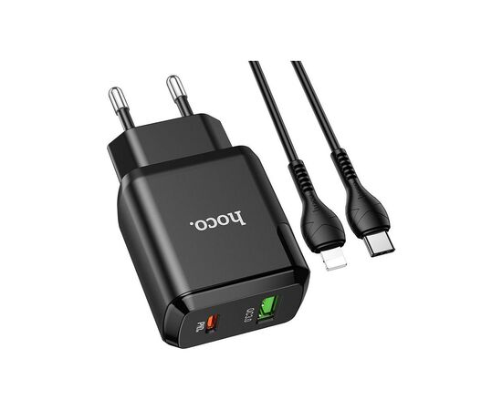 Зарядное устройство HOCO N5 Favor dual port PD20W+QC3.0 (cable C to iP) Black (6931474738912), изображение 2 Зарядное устройство HOCO N5 Favor dual port PD20W+QC3.0 (cable C to iP) Black (6931474738912), изображение 2