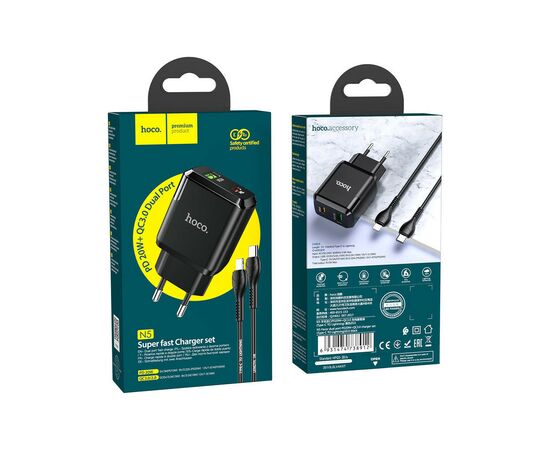 Зарядное устройство HOCO N5 Favor dual port PD20W+QC3.0 (cable C to iP) Black (6931474738912), изображение 6 Зарядное устройство HOCO N5 Favor dual port PD20W+QC3.0 (cable C to iP) Black (6931474738912), изображение 6