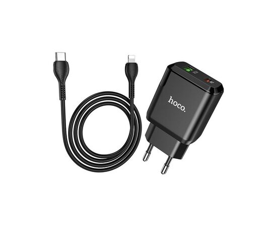 Зарядное устройство HOCO N5 Favor dual port PD20W+QC3.0 (cable C to iP) Black (6931474738912)